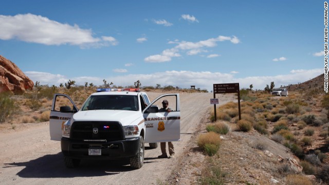 Federal rangers block a road near Bunkerville, about 80 miles northeast of Las Vegas, on April 1.