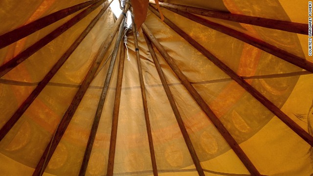 After helping to construct a teepee with a guest presenter who came to the school, a second-grade student took this picture to show the view from the inside.