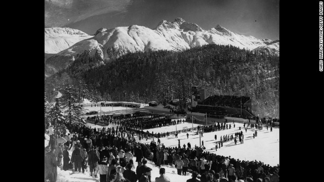 Spectators gather to watch the opening ceremony of the 1948 Winter Olympics in St. Moritz, Switzerland.