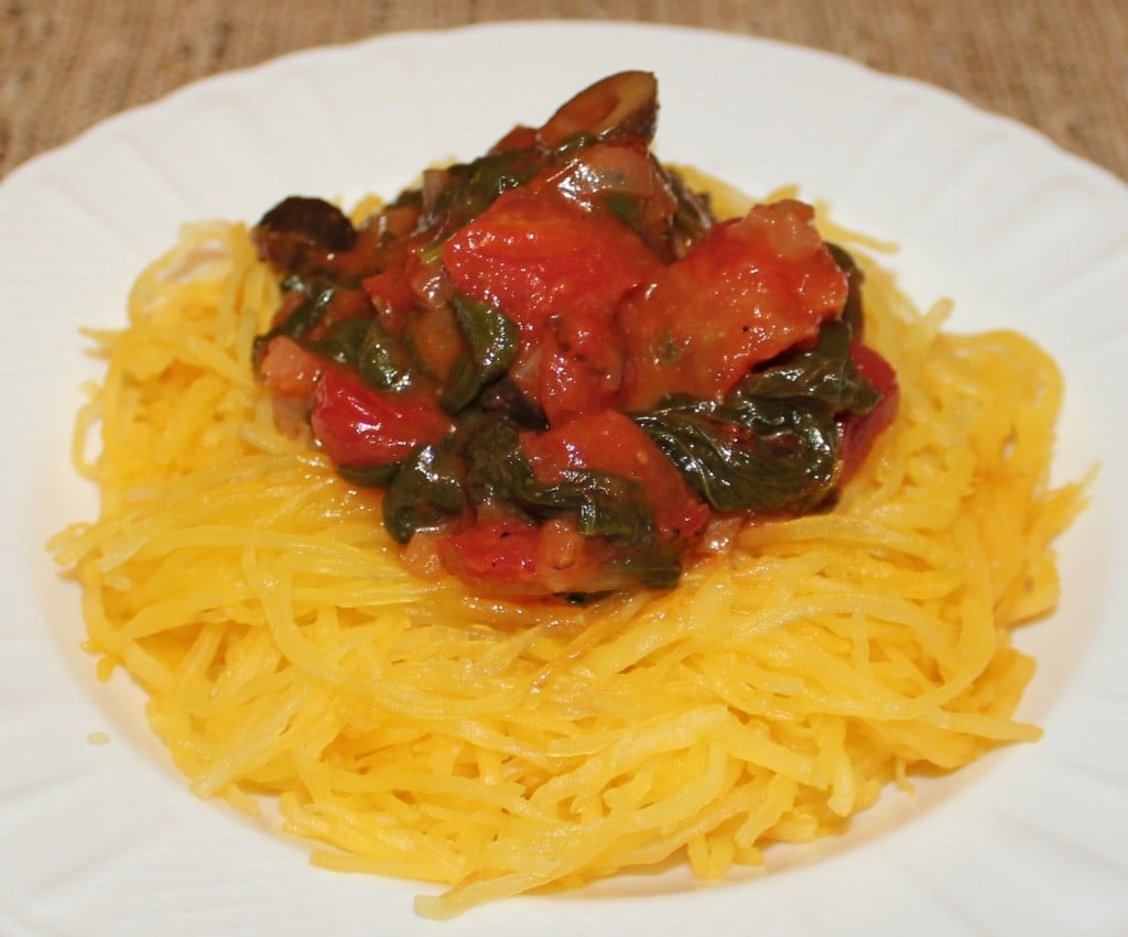 Spaghetti Squash with Fire Roasted Tomato, Olive and Baby Spinach Sauce