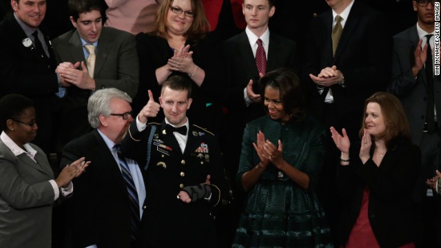 On January 28, 2014, Remsburg and his father, Craig, were special guests at the State of the Union Address, sitting beside first lady Michelle Obama. Toward the end of Obama's address, he acknowledged Remsburg, followed by a standing ovation from all of Congress that went on for nearly two full minutes. 