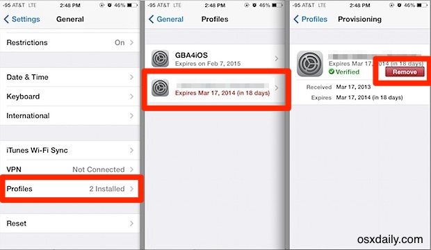 Remove provisioning profile in iOS Settings