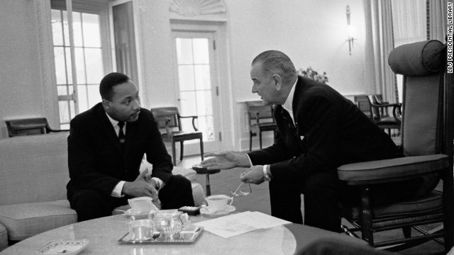 Martin Luther King, Jr. talks with President Lyndon B. Johnson at the Oval Office in the White House in Washington, D.C., on December 3, 1963. 