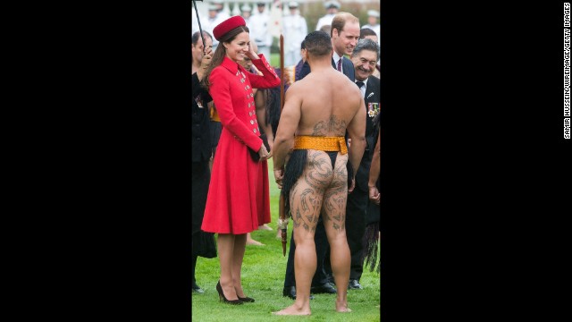 Catherine talks with a Maori warrior during the welcoming ceremony at Government House.