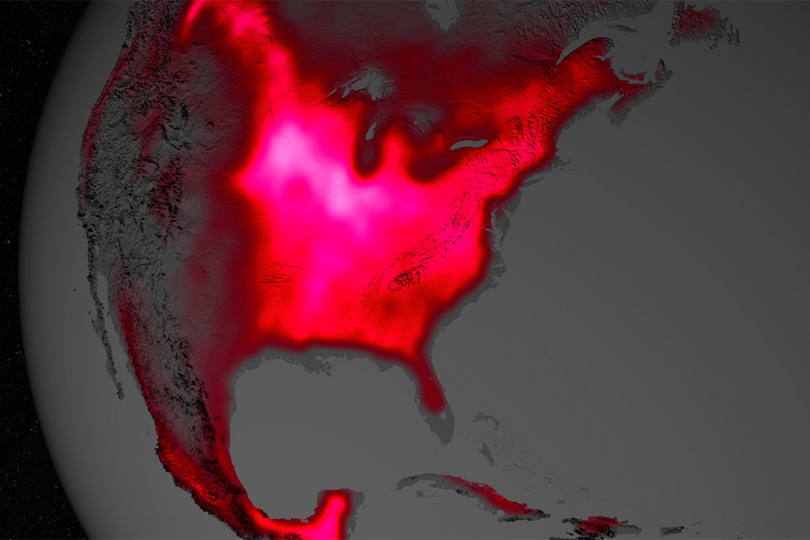 This glow over North America represents fluorescence from plants in early July, over a period from 2007 to 2011. Data from satellite sensors show that during the northern hemisphere's growing season, the midwest region of the United States boasts more photosynthetic activity than any other spot on Earth