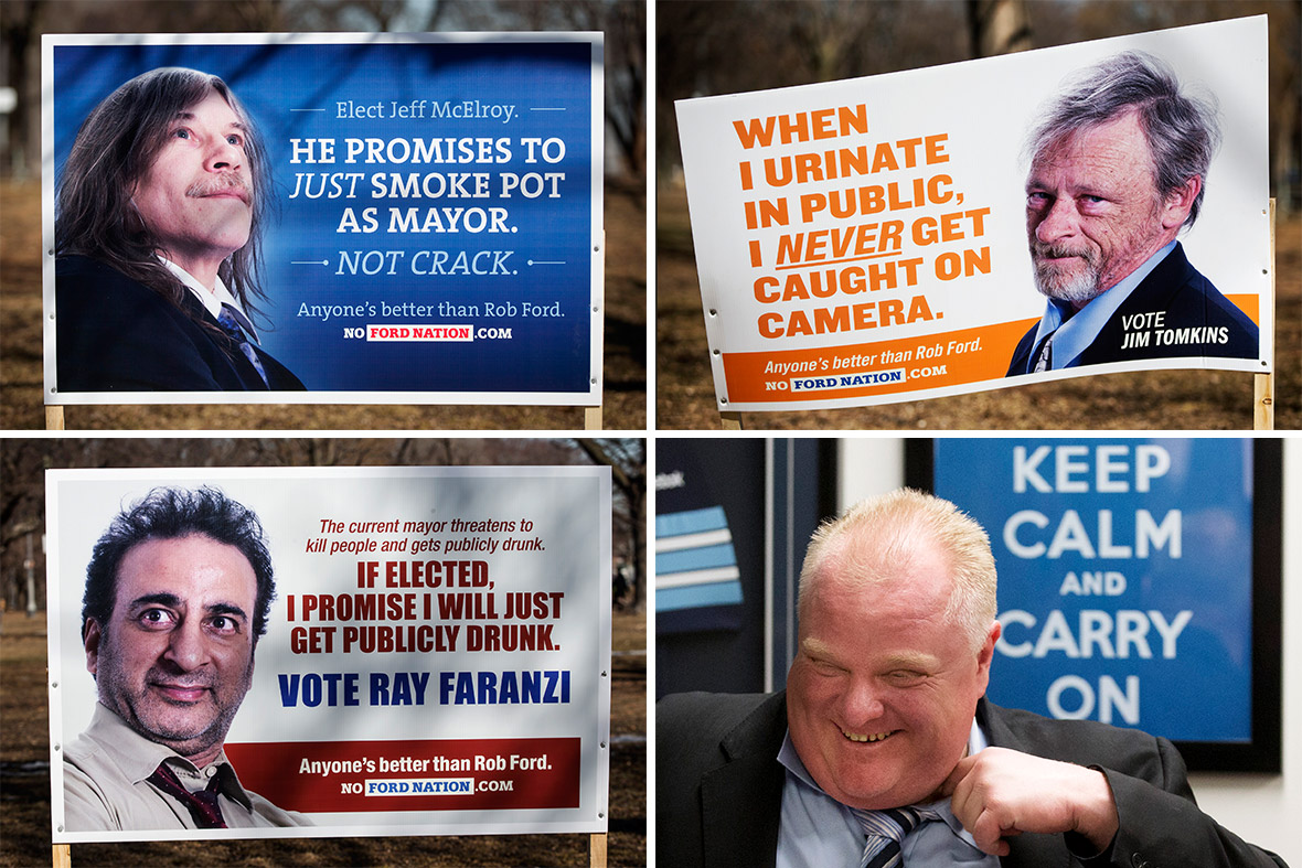 Fake mayoral election campaign posters with fictitious candidates are seen in Toronto. Rob Ford (bottom right), who is running for re-election as Toronto Mayor, made global headlines last year after admitting he had smoked crack cocaine