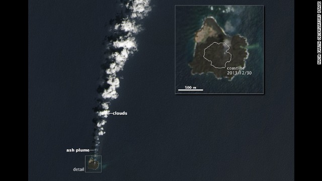 On March 30, the Operational Land Imager on the Landsat 8 satellite captured this image of the combined island. The merged island is now slightly more than six-tenths of a mile across.