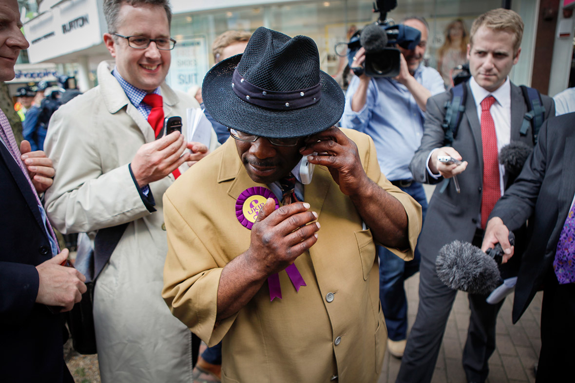 Winston Mckenzie, Ukip candidate for Croydon North, takes a call regarding the whereabouts of party leader Nigel Farage. He was due to attend the Ukip carnival on Croydon High Street in an attempt to counter accusations his party was racist, but pulled out at the last minute - reportedly because of fears for his safety