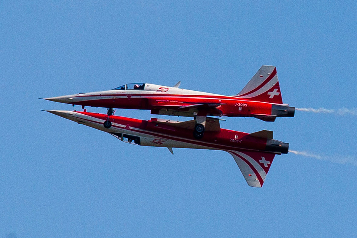 Northrop F-5E Tiger II aircraft of the Swiss Air Force perform during the opening of the ILA Berlin Air Show