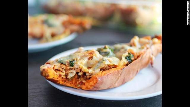 Potato skins are a must-have for the Big Game. These chipotle chicken sweet potato skins feature sweet potatoes, which are lower in calories and higher in fiber, paired with low-fat cheese.