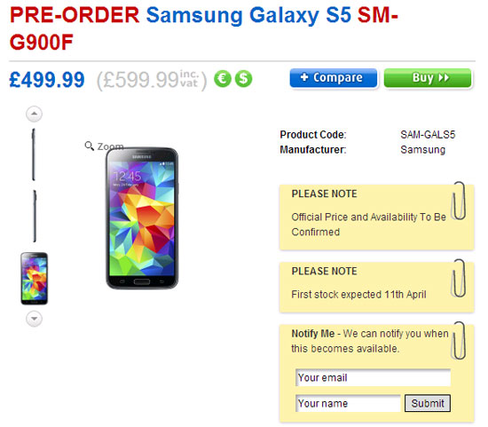Samsung Galaxy S5 đã được đặt hàng ở Anh, giá hơn 21 triệu đồng