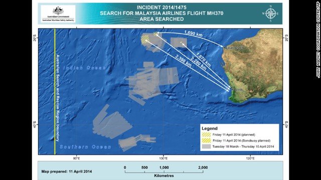The Austrialian-based agency coordinating the search for Malaysia Airlines Flight 370 details efforts for the hunt of the missing jet in a map provided Friday, April 11. Searchers are combing thousands of square miles of the southern Indian Ocean off Australia's west coast for signs of Flight 370, which disappeared March 8.