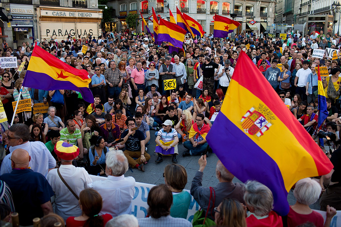 People gather in Sol Square in Madrid during the second day of protests calling for a referendum on whether Spain should return to a Republic