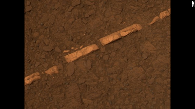 Opportunity found bright veins of a mineral that appeared to be gypsum. The vein shown here is informally called Homestake. The mineral is deposited by water. It and other deposits that look similar are in an area where sulfate-rich and volcanic bedrock meet -- at the rim of Endeavour Crater, where Opportunity is currently located. 