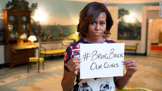 First Lady Michelle Obama tweeted this picture of herself holding a #BringBackOurGirls sign in support of the schoolgirls abducted by Boko Haram in Nigeria.