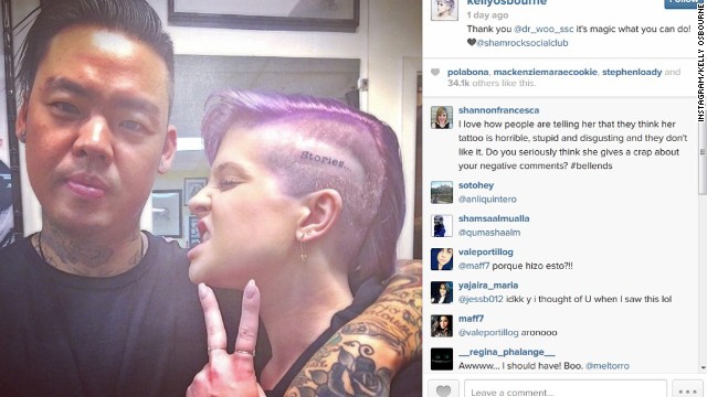 The only reaction we have to Kelly Osbourne's new tattoo is "ouch." The E! personality revealed her new ink online Saturday, June 28, thanking her tattoo artist for inscribing the word "stories" on the side of her head. "Sorry mum and dad," <a href='http://ift.tt/XF5bIV' target='_blank'>she shared on Twitter</a>, "but I love it!" Here are other celebrity tattoos that made us do a double-take: