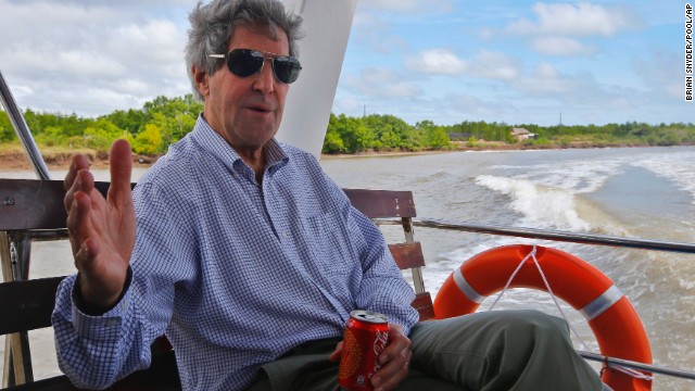 Kerry talks to reporters on a boat on the Mekong River Delta in Vietnam in December 2013. Kerry had patrolled the muddy waters 40 years earlier as a U.S. naval officer. Kerry also visited Ho Chi Minh City and Hanoi. 