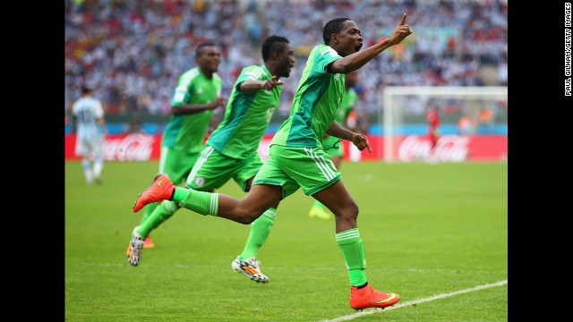 Nigeria forward Ahmed Musa celebrates scoring his team's second goal against Argentina. 
