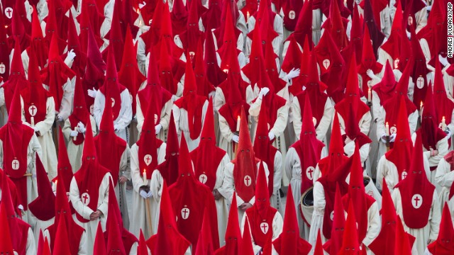 Penitents take part in the Procesion del Silencio by the Cristo de las Injurias brotherhood on April 16 in Zamora, Spain. 