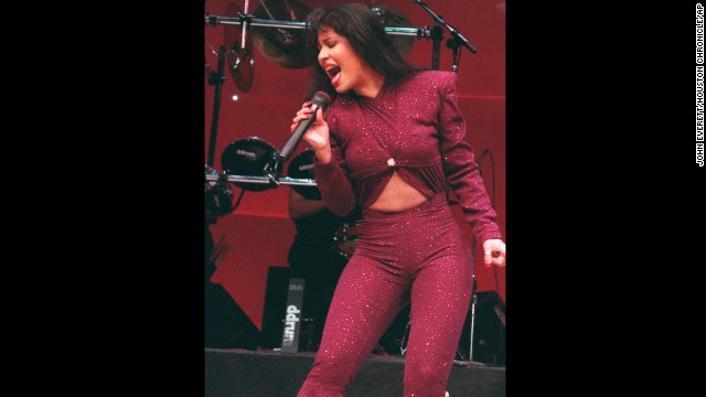 Tejano singer Selena performs during the Houston Livestock Show and Rodeo in February 1995. She was murdered a month later by her fan club's president in Corpus Christi, Texas. 