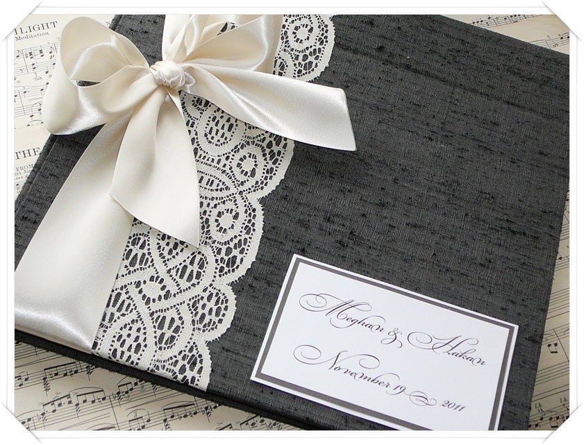 Dark Gray Custom Wedding Guestbook with Lace Band (made to order you choose cover, ribbon and page layout)