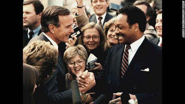 President-elect Bush meets with civil rights leader Jesse Jackson at the White House in November 1988. He once called Jackson a "loose cannon."