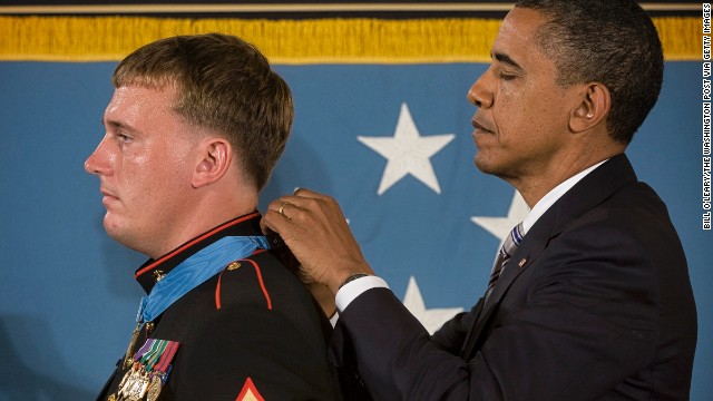 President Obama awards the Medal of Honor to Marine Corps Sgt. Dakota Meyer on September 15, 2011. In fighting at Gangjal, Afghanistan, on September 8, 2009, while manning a gun truck, "Meyer killed a number of enemy fighters with the mounted machine guns and his rifle, some at near point blank range, as he and his driver made three solo trips into the ambush area," his citation said.