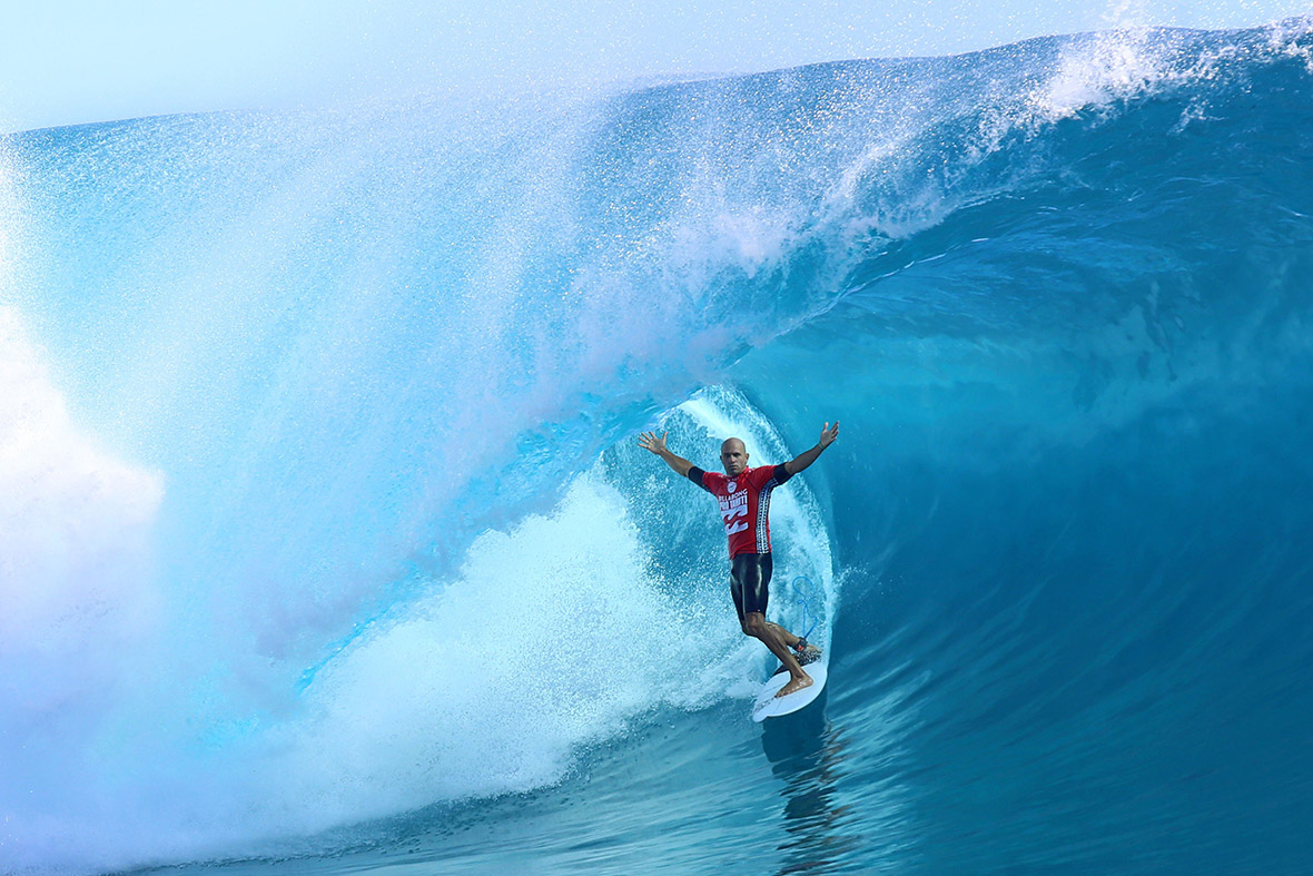 USA's Kelly Slater rides a wave during the third day of the Billabong Pro Tahiti surf event