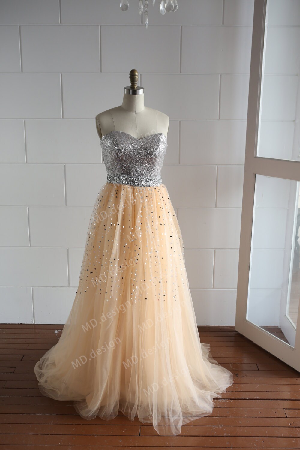 Silver Sequin Champagne Tulle Beaded Prom Dress Bridesmaid Dress Party Dress Strapless Sweetheart Dress