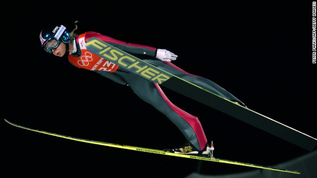 Norway's Maren Lundby trains at Sochi on Monday. This is the first Olympics to allow women to compete in ski jumping. 