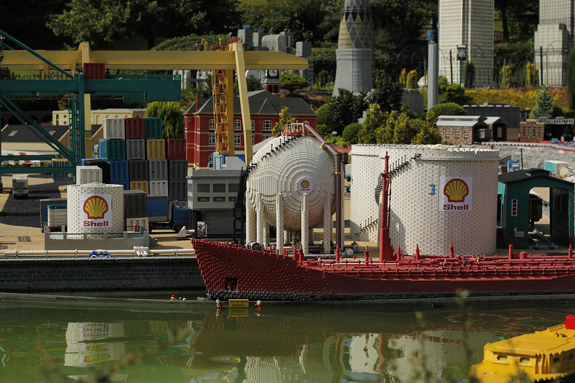 Lego mini figures protest against Shell in Legoland, calling for Shell to stop drilling for oil in the Arctic