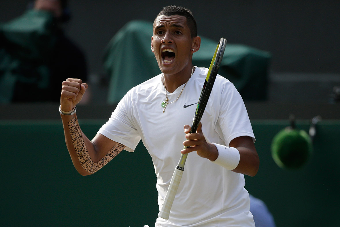 Nick Kyrgios of Australia reacts during his men's singles tennis victory over Rafael Nadal of Spain at the Wimbledon Tennis Championships. The 19-year-old wild-card entry, ranked 144 in the world, beat the world number one to advance to the quarterfinals