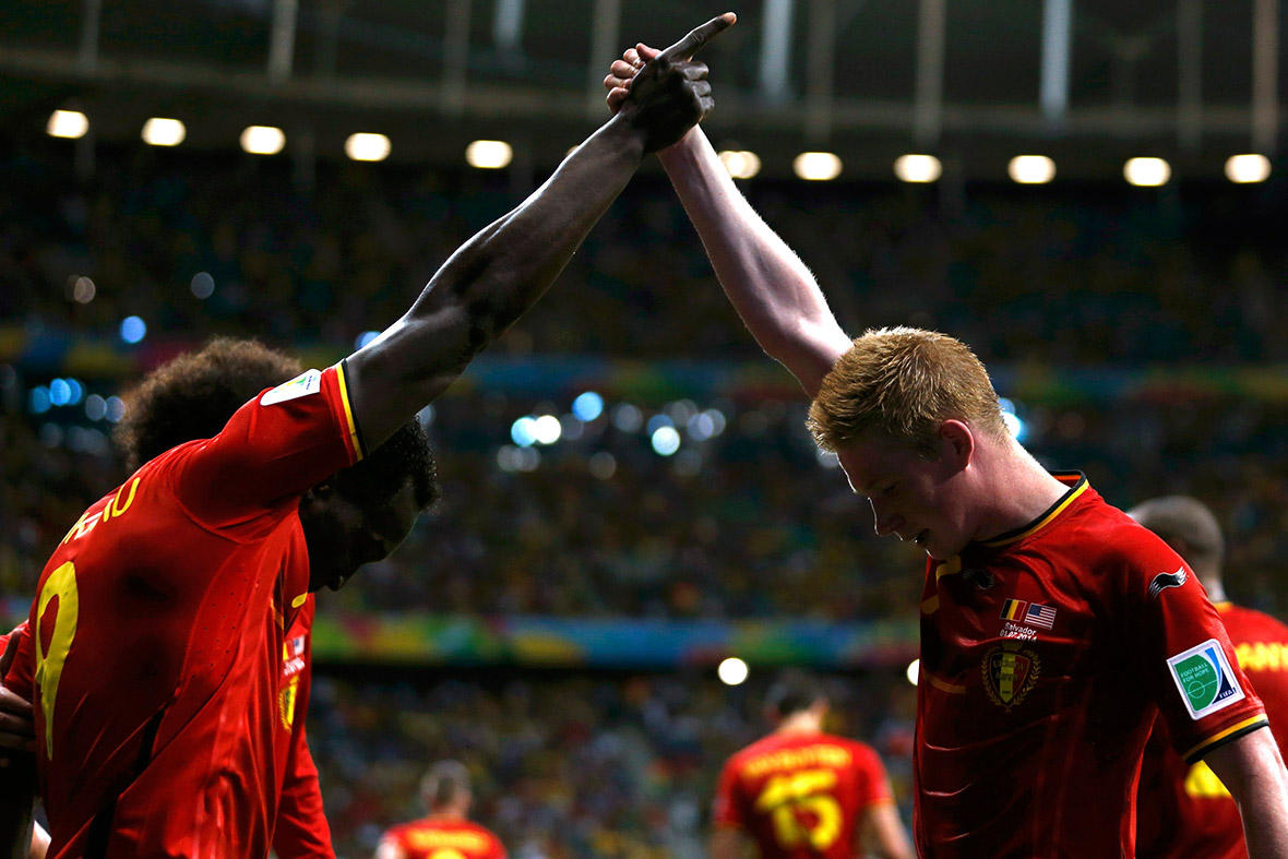 Belgium's Romelu Lukaku celebrates with Kevin De Bruyne after scoring a goal during extra time in the 2014 World Cup round of 16 game against the US at the Fonte Nova arena in Salvador