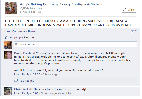 See a Not So Nice Comment or Online Reviews? How to Respond, in 6 Steps image Example of Online Reputation Management Gone Bad with Amys Baking Company Bakery Boutique Bistro