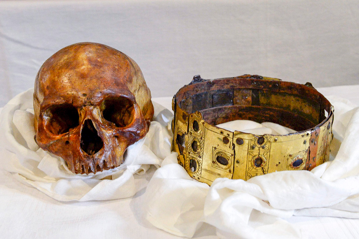 The skull and crown of Swedish 12th century king Erik Jedvardsson, called Erik the Saint, are displayed after his relic shrine was opened in Uppsala Cathedral. Erik, who led the first Swedish Crusade to evangelise Finland, was beheaded by rebel noblemen outside the church in Uppsala in 1160