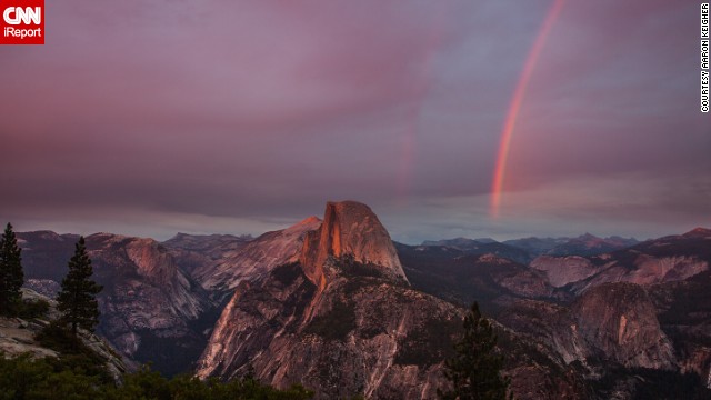 A beautiful double rainbow lights up the clouds over Glacier Point overlook in California's Yosemite National Park. "Yosemite, and Glacier Point specifically, is probably my favorite place in the world,"<a href='http://ift.tt/1mH3eTP'> Aaron Keigher</a> said. 