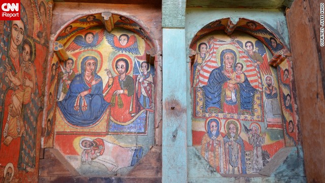 Take a look inside Ura Kidane Mihret Monastery in Lake Tana, Ethiopia, where lively paintings of Ethiopian iconography cover the walls. "The liturgical painting style and choice of colors was very similar to what I saw in other churches, but the colors were so vibrant here," <a href='http://ift.tt/QETFtD'>Julee Khoo</a> said. 