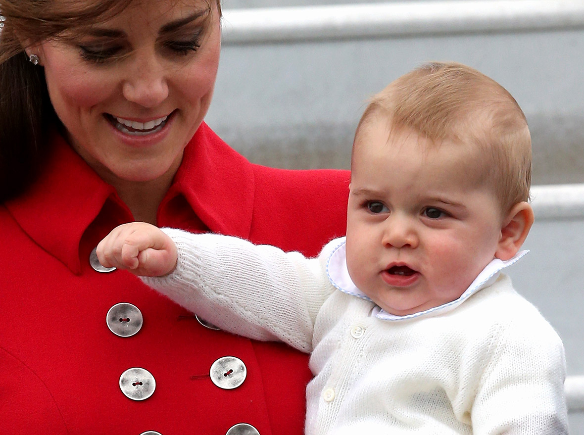 Catherine, Duchess of Cambridge and Prince George of Cambridge – or Kate Middleton and baby George – arrive at Wellington Military Terminal in New Zealand for the first day of a three-week Royal Tour of New Zealand and Australia