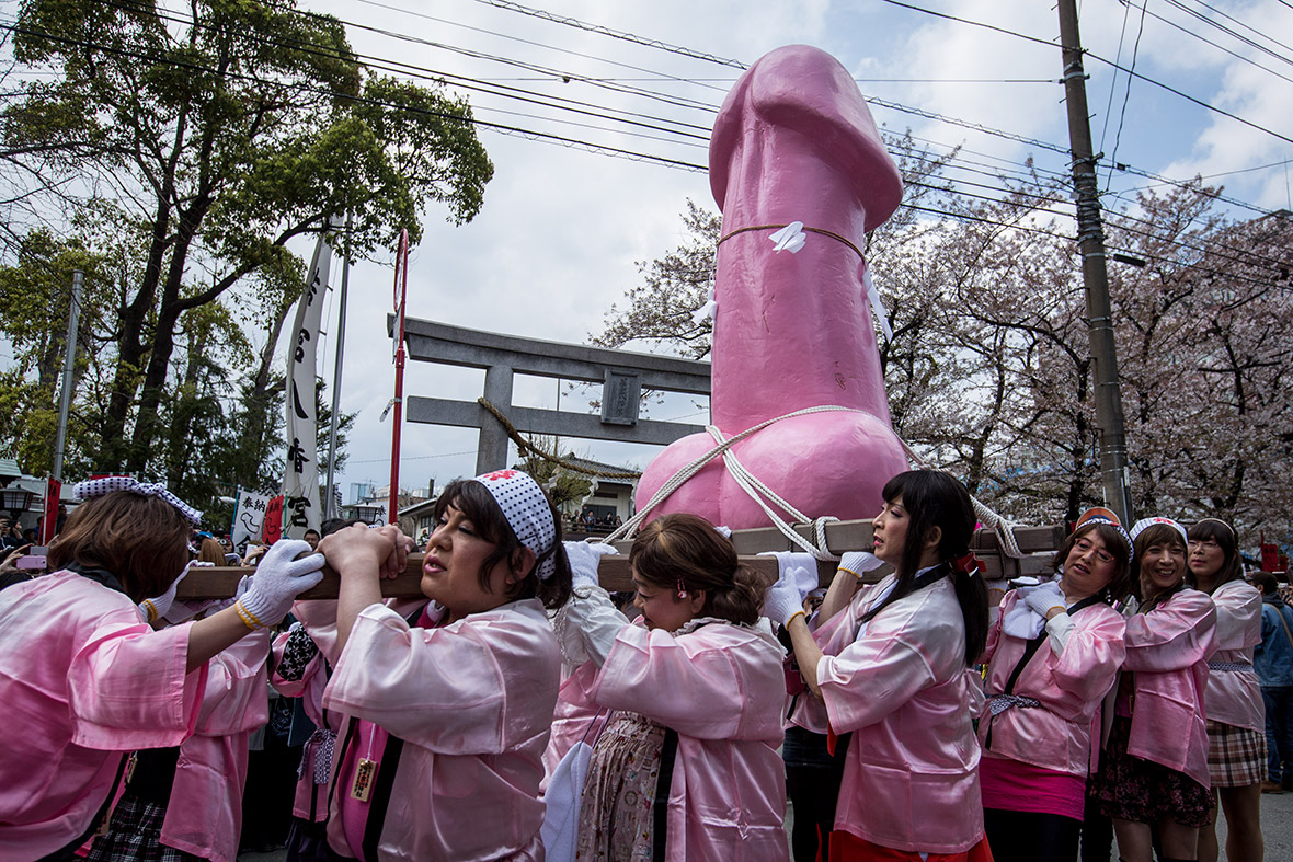 A large pink penis-shaped 'Mikoshi' is paraded through the streets during the annual Kanamara Matsuri (Festival of the Steel Phallus) in Kawasaki, Japan. The bizarre festival has its roots in the early 1600s, when prostitutes would visit a local shrine, praying for good business and protection from sexually-transmitted diseases