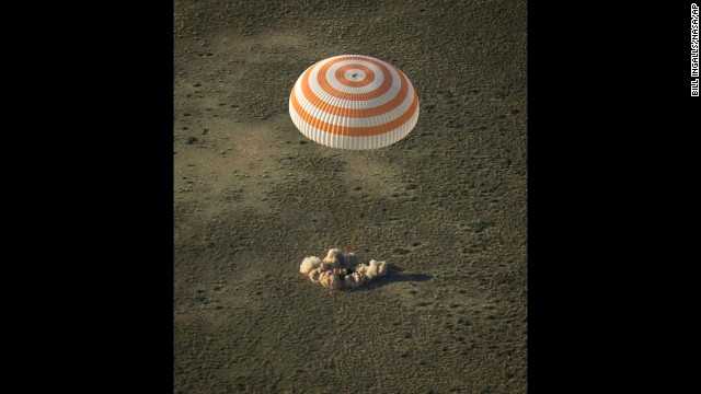 A Soyuz spacecraft is seen on May 13 as it lands in Kazakhstan with Wakata and other members of the his Expedition 39 crew.