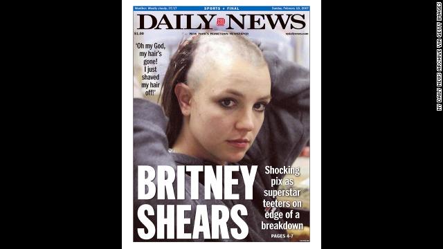 A Daily News front page dated February 18, 2007, shows Spears after she shaved her head. Headlines at the time focused on whether the star was in the midst of a breakdown.