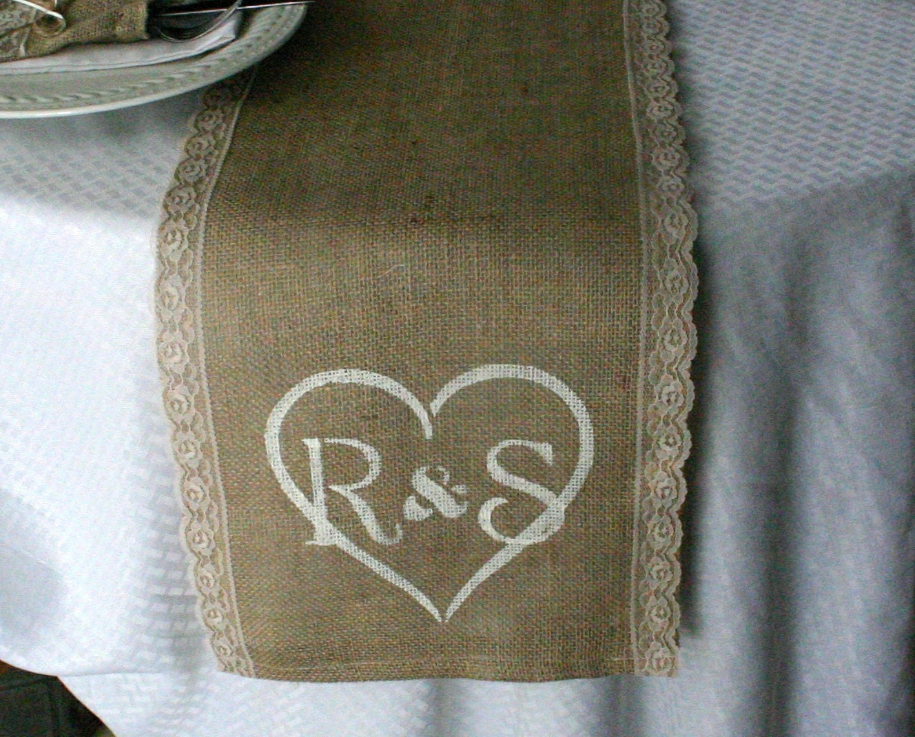lace table and monogrammed lace runners Accessories: runner Burlap runners, table  table
