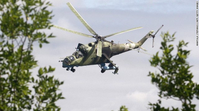 An Ukrainian helicopter flies near Kramatorsk, Ukraine, on August 19.