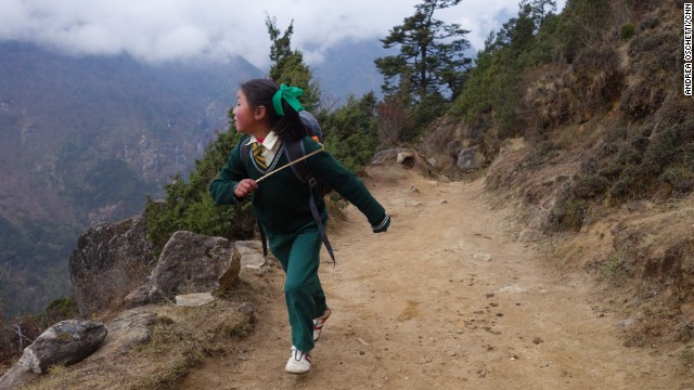 The Sherpas consider education the most important opportunity they have to live a better life. Every day, third-grader Nimga Sherpa walks down the valley from her village to attend classes at a school in Namche Baazar, one hour away. 