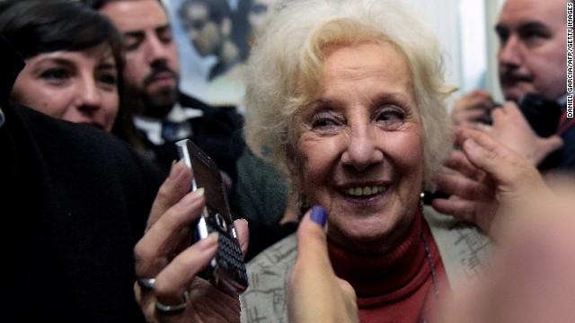 Estela Carlotto, the president of Abuelas de Plaza de Mayo (Grandmothers of Plaza de Mayo), smiles after announcing the recovery of her grandson Guido --the son of her daughter Laura missing in 1977.