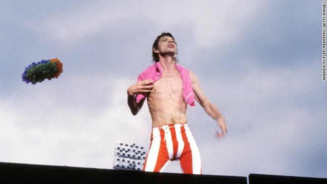 Mick Jagger looks out at the crowd during a 1982 concert at Wembley Stadium in London.