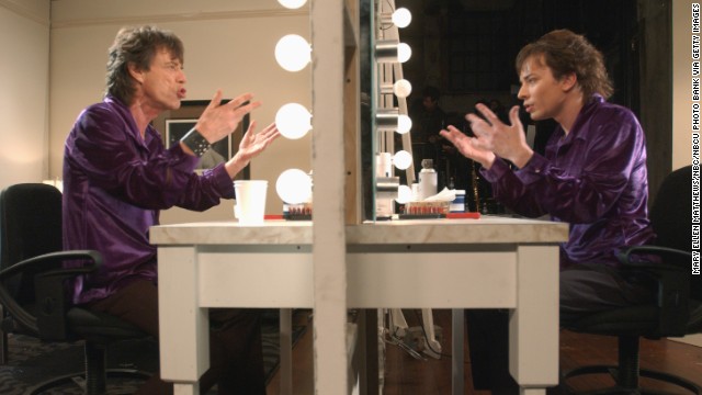 Jimmy Fallon acts like Mick Jagger's reflection during the "Mick &amp; Mick" skit on "Saturday Night Live" in 2001.