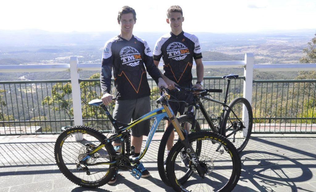 Toowoomba Mountain Bike Club members Andrew Cavaye (left) and Mitch Hawley at Picnic Point today to hear the announcement of major events coming to the city.