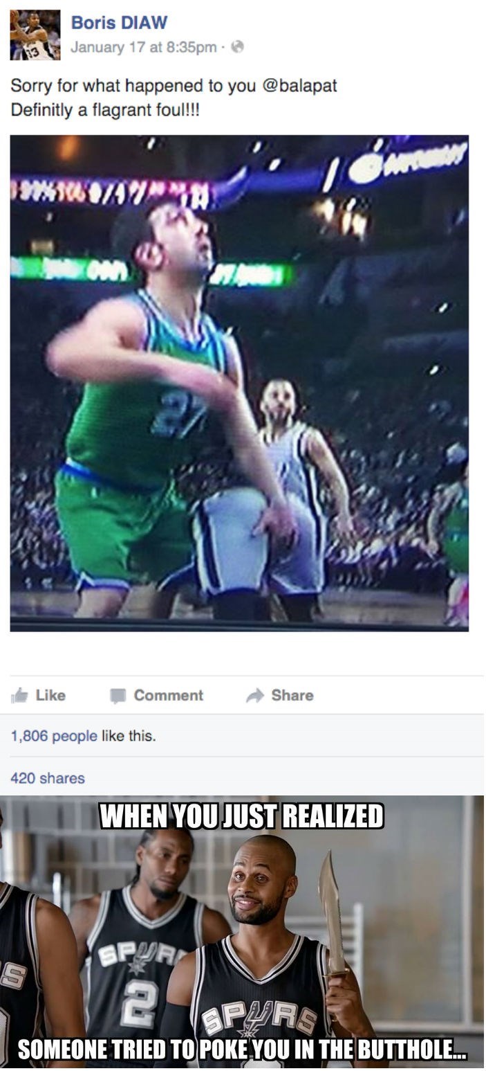 funny sports fail facebook post by Boris Diaw shows teammate got poked in butthole