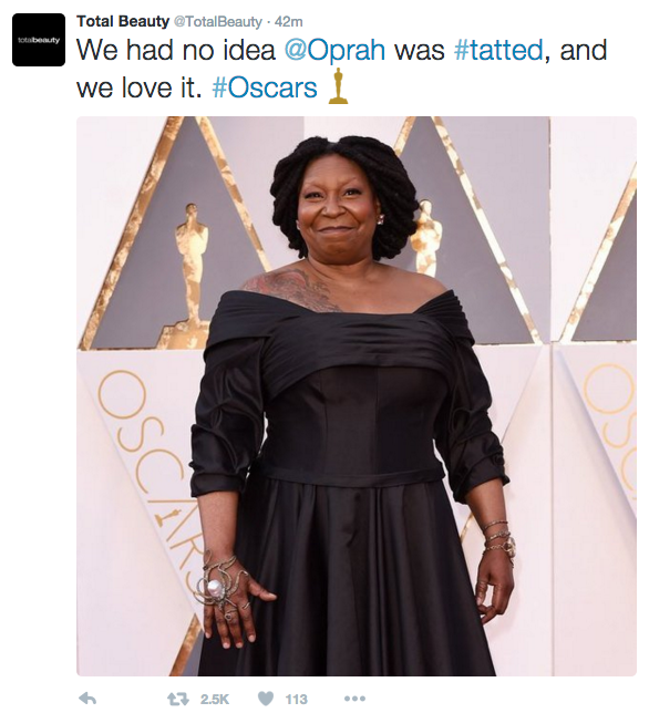On Sunday evening, the website Total Beauty tweeted out a picture of Whoopi Goldberg at the Oscars, commenting on her chest tattoo.